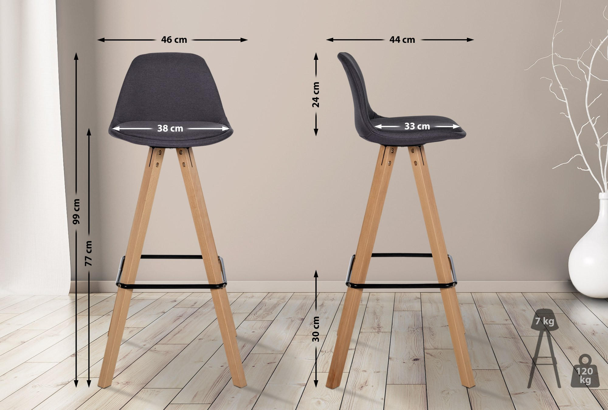 BARHOCKER PALMA Dunkelgrau Stoff Braun - Dunkelgrau, Holz/Textil (38/99/44cm) - DELUKE