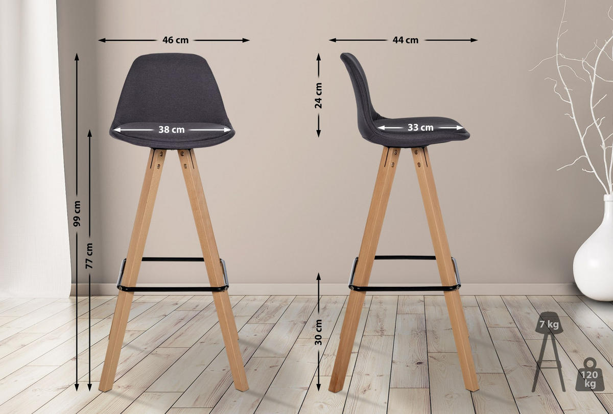 BARHOCKER Stoff Dunkelgrau - Eukalyptusholzfarben/Dunkelgrau, Holz/Textil (38/99/44cm) - CLP