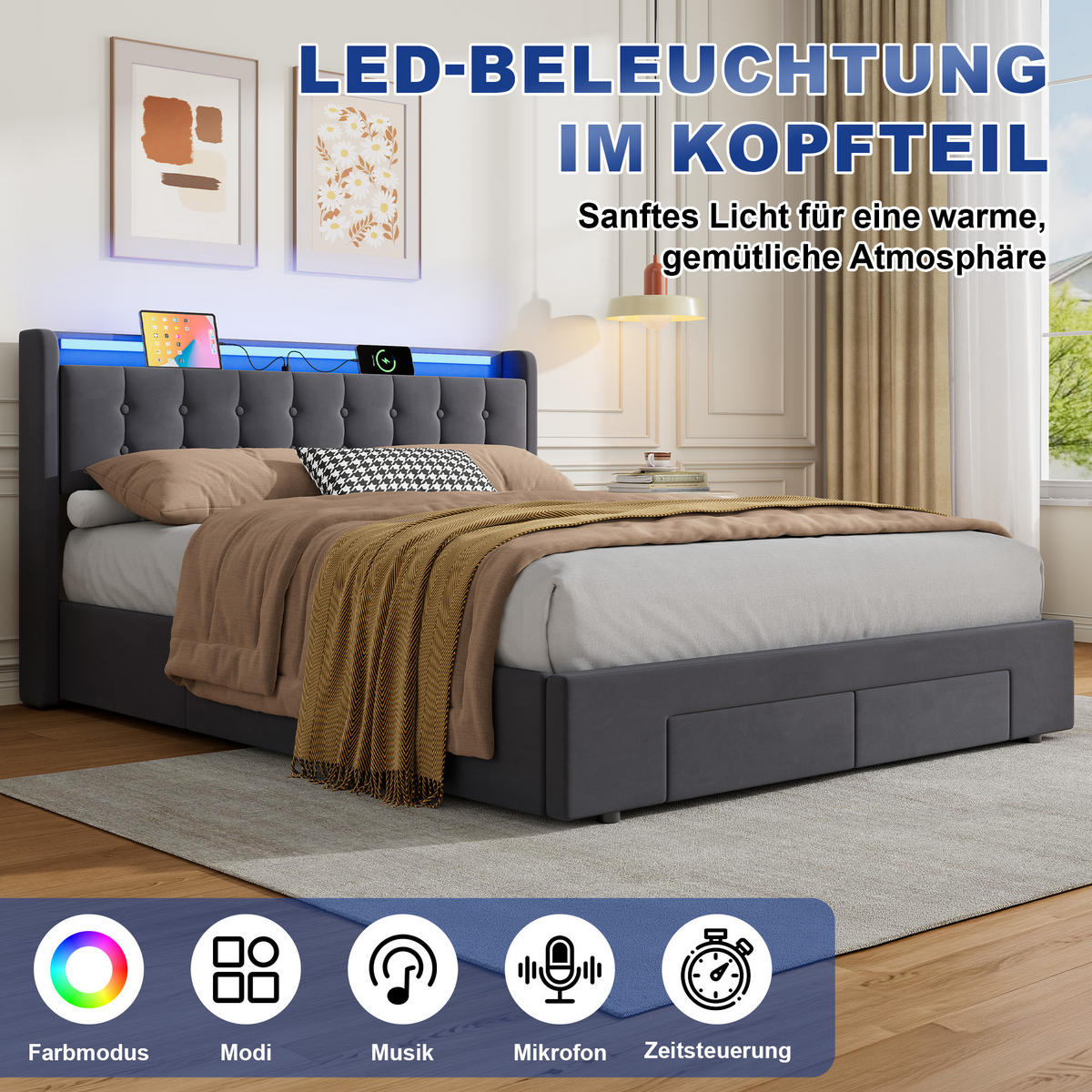POLSTERBETT160/200 cm in Dunkelgrau Samt mit Bettkasten, Schubladen und USB/LED-Beleuchtung - Dunkelgrau, Holzwerkstoff/Textil (160/200cm) - CHICFURN
