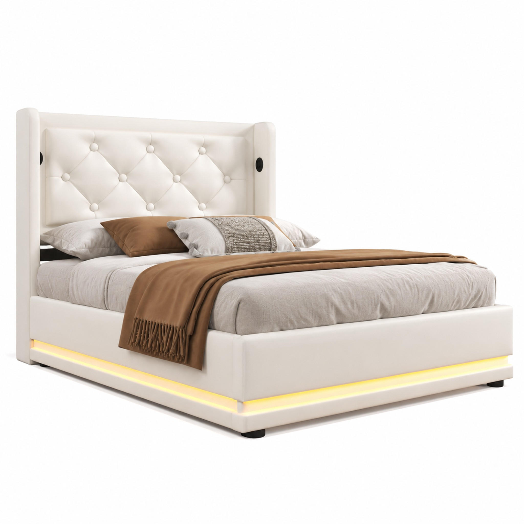 BETT mit Stauraum, USB & LED 90x200 cm PU Weiß - Weiß, Metall (90/200cm) - Meubliv
