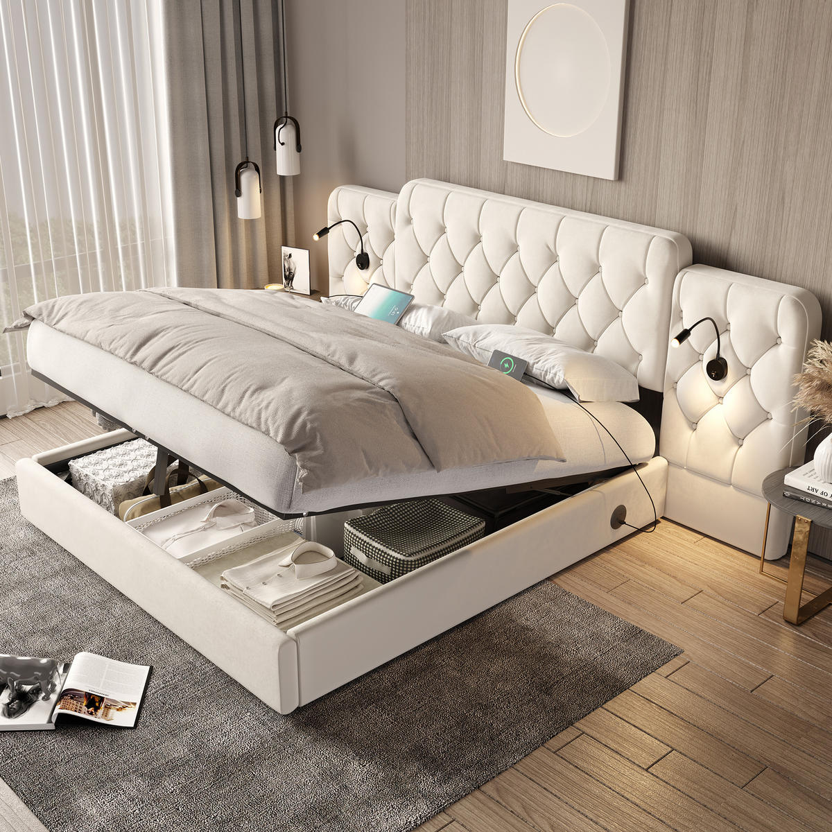 POLSTERBETT 180/200 cm in Beige Samt mit Bettkasten, Leselampe und USB - Beige, Holzwerkstoff/Textil (180/200cm) - WISHDOR