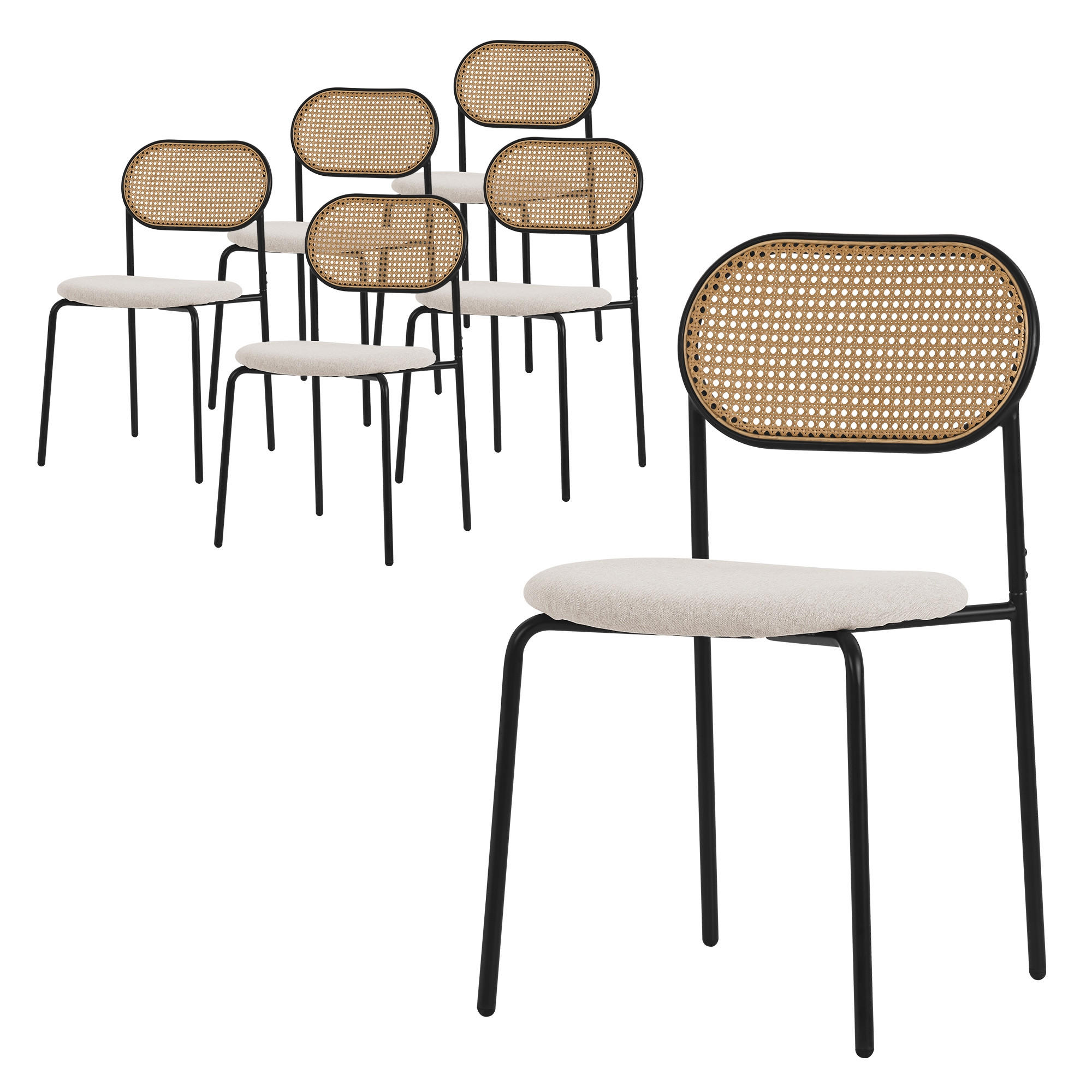 ESSZIMMERSTÜHLE 6er Set Beige Rattan - Beige/Schwarz, Metall (47/80.5/46cm) - ML-DESIGN