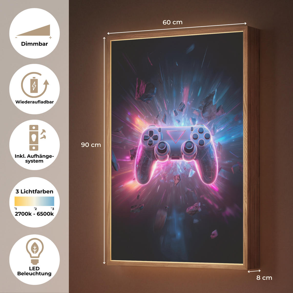 DOBÍJECÍ NOČNÍ LAMPIČKA Controller - Neon - Explosion - Abstraktní 60x90 cm - fialová, kompozitní dřevo (8/60/90cm) - OnlyWow