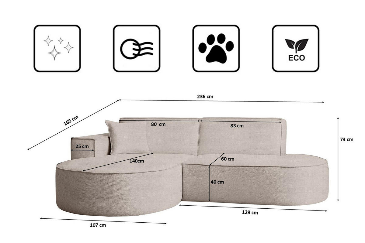ECKSOFA Modena Studio Stoff Artico, Nata Links - Creme, Holz/Textil (165/236cm) - Kaiser Möbel