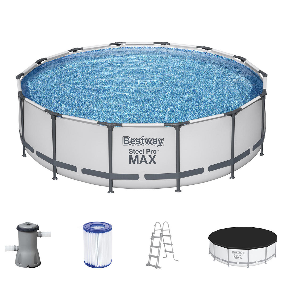 POOL Bestway 56950 Steel Pro MAX Frame in lichtgrau Ø 427 x 107 cm Komplett Set mit Filterpumpe, rund - Grau, Kunststoff (427/107/427cm) - Bestway