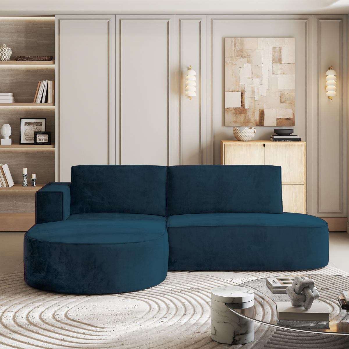 ROHOVÁ SEDAČKA CORTIO modrá - šedá/modrá, dřevo/textil (265/174cm) - MASSENO