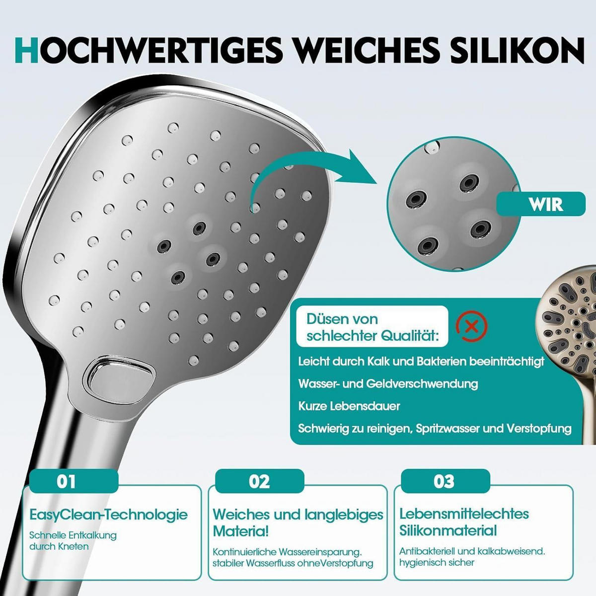 HANDBRAUSE mit 3 Strahlarten und 120 cm² Duschfläche silber - Silberfarben, Kunststoff (12/12.7/25cm)