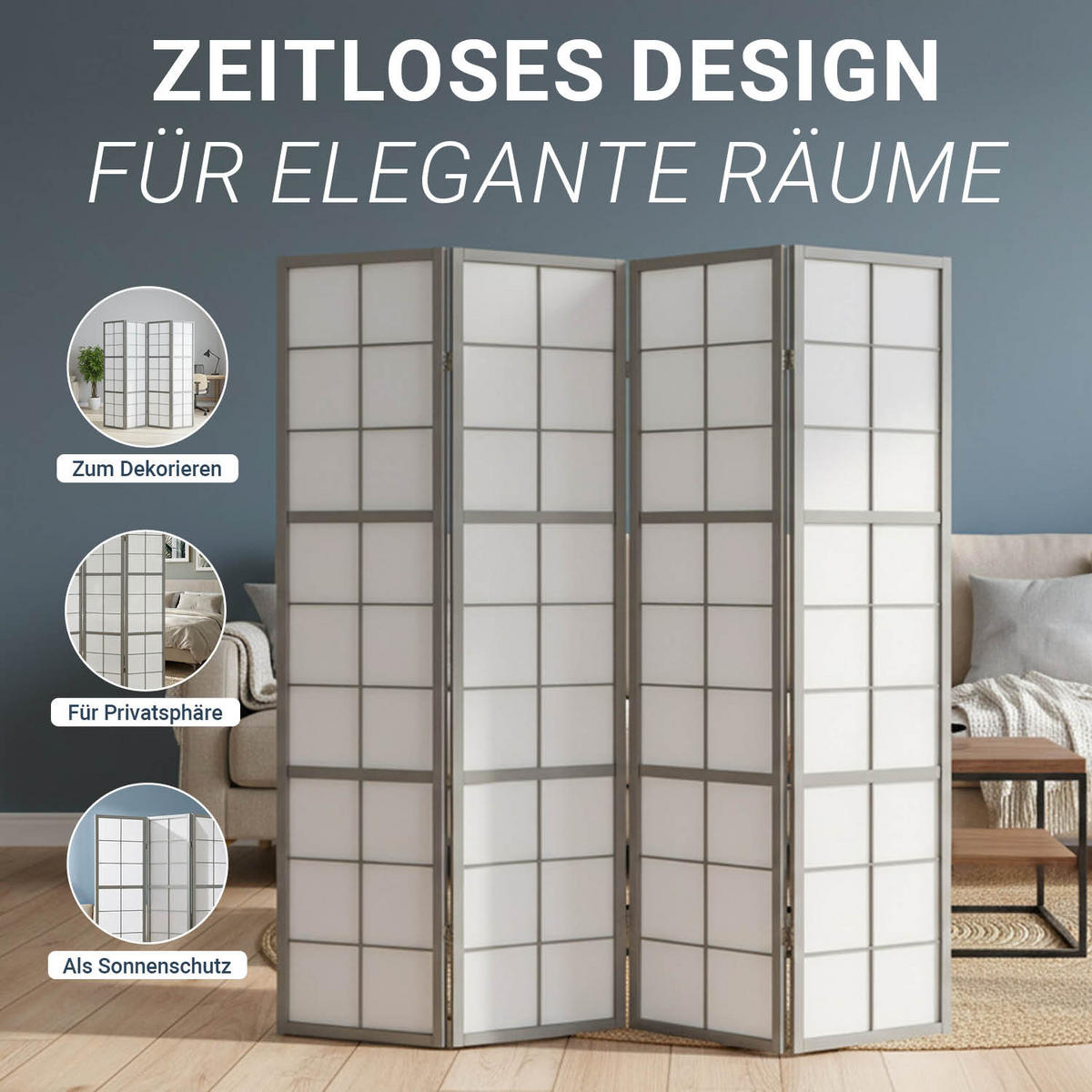 PARAVENT 4-tlg 176/179 cm Grau Holz Shoji - Grau, Holz (176/179/2cm) - Homestyle4u