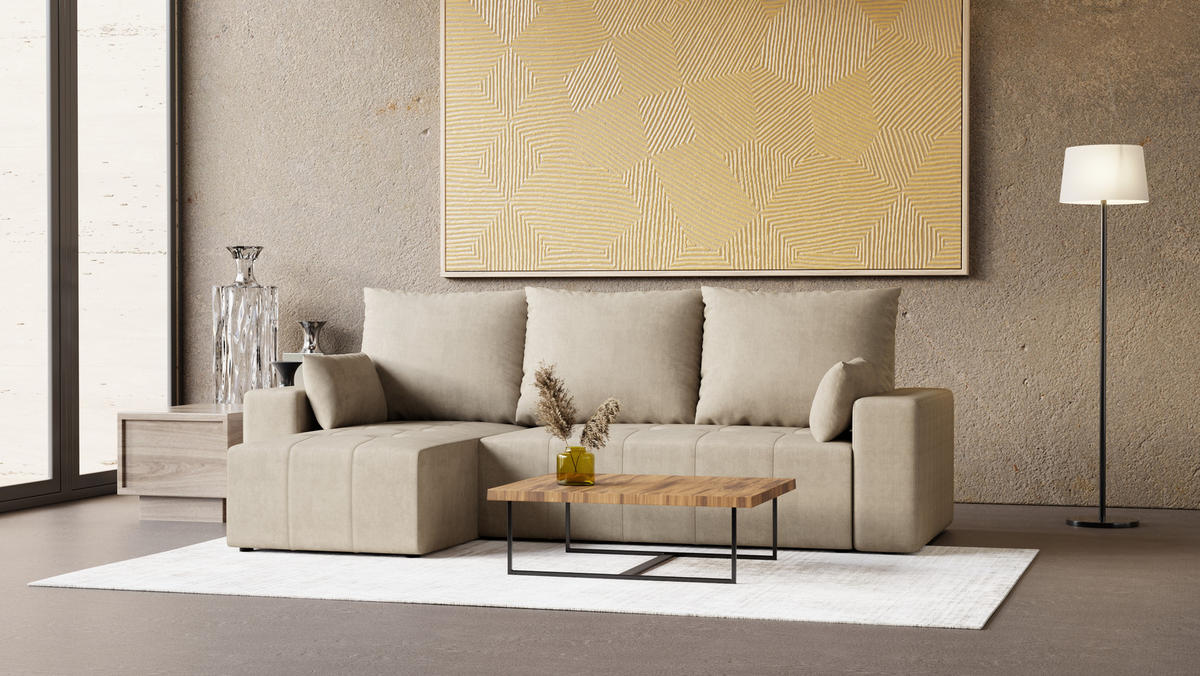 ECKSOFA Tico mit Bettkasten und Schlaffunktion, L-Form/XL-Form, Velourstoff, Universal - Beige, Holzwerkstoff (246/145cm) - 4ALL HOME