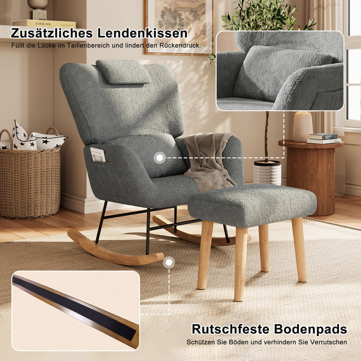 SCHAUKELSTUHL mit Hocker, Grau ,Lendenkissen, Kopfstütze, Seitentaschen und Massivholzsockel, Lammwolle Stoff-für Wohnzimmer, Schlafzimmer - Grau, Holz/Metall (75/42/93cm) - BursDany