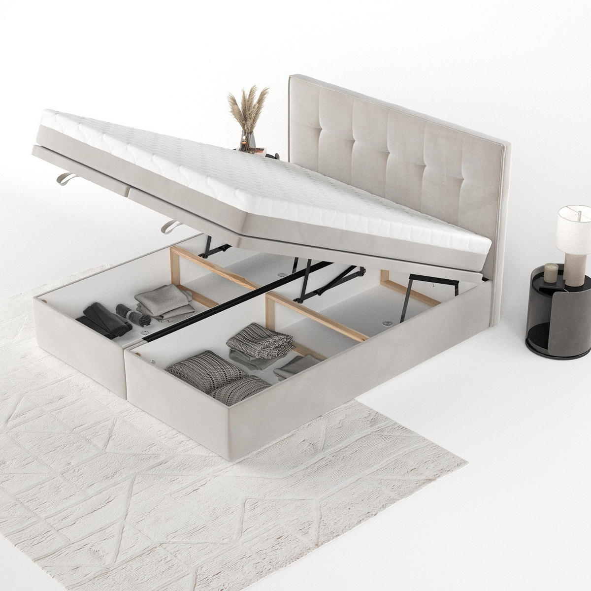 BOXBETT Arivo 140/200 cm Hellbeige im Paros Stoff - Beige/Schwarz, Holz/Holzwerkstoff (140/200cm) - AltaBeds