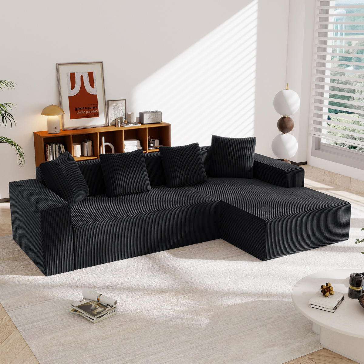 ECKSOFA aus Corduroy 261x146x65 cm in Schwarz mit modularer L-Form - Schwarz, Textil (146/261cm) - Modfu