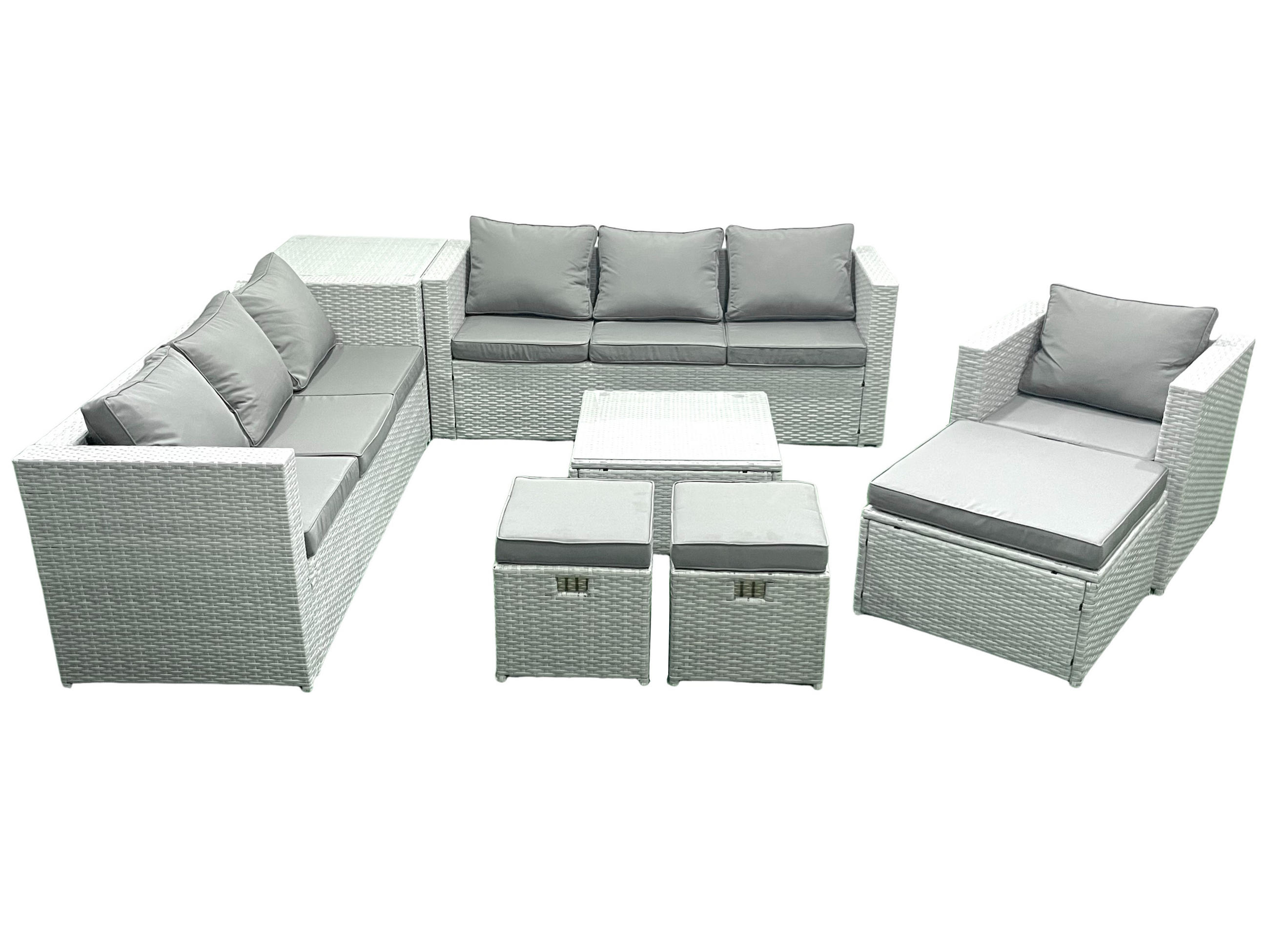 GARTENMÖBEL-SET mit Kissen Polyrattan Hellgrau-Mix 10-Sitzer - Hellgrau/Grau, Glas/Kunststoff - Fimous