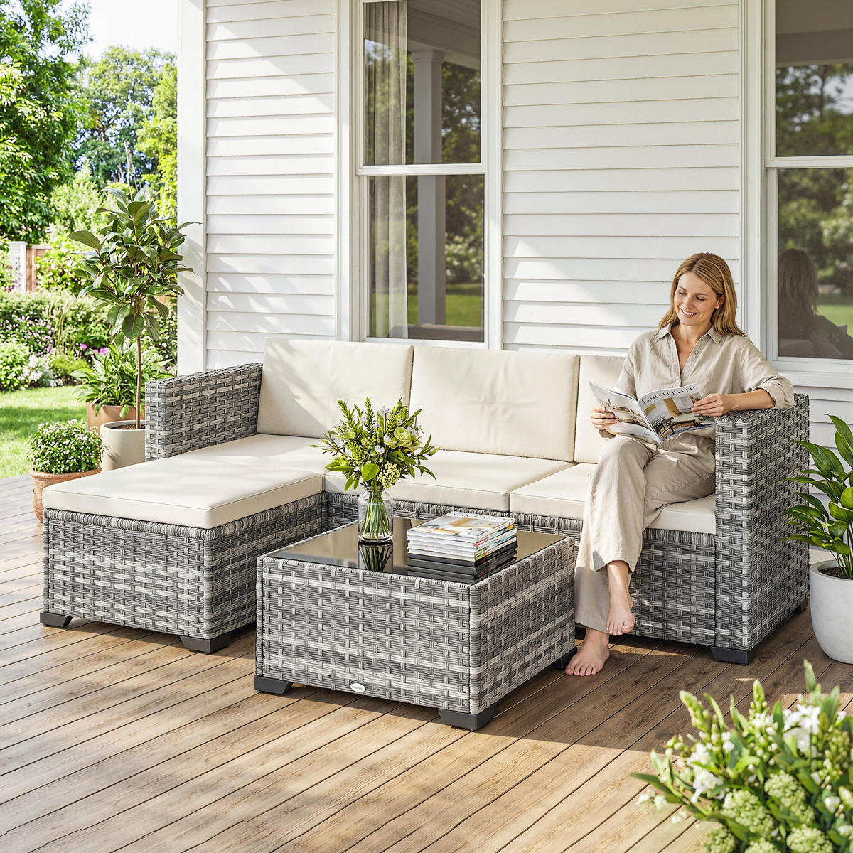 LOUNGEGARNITUR 5 TLG. aus PE-Rattan mit Kissen, Grau - Creme/Schwarz, Glas/Kunststoff - Outsunny