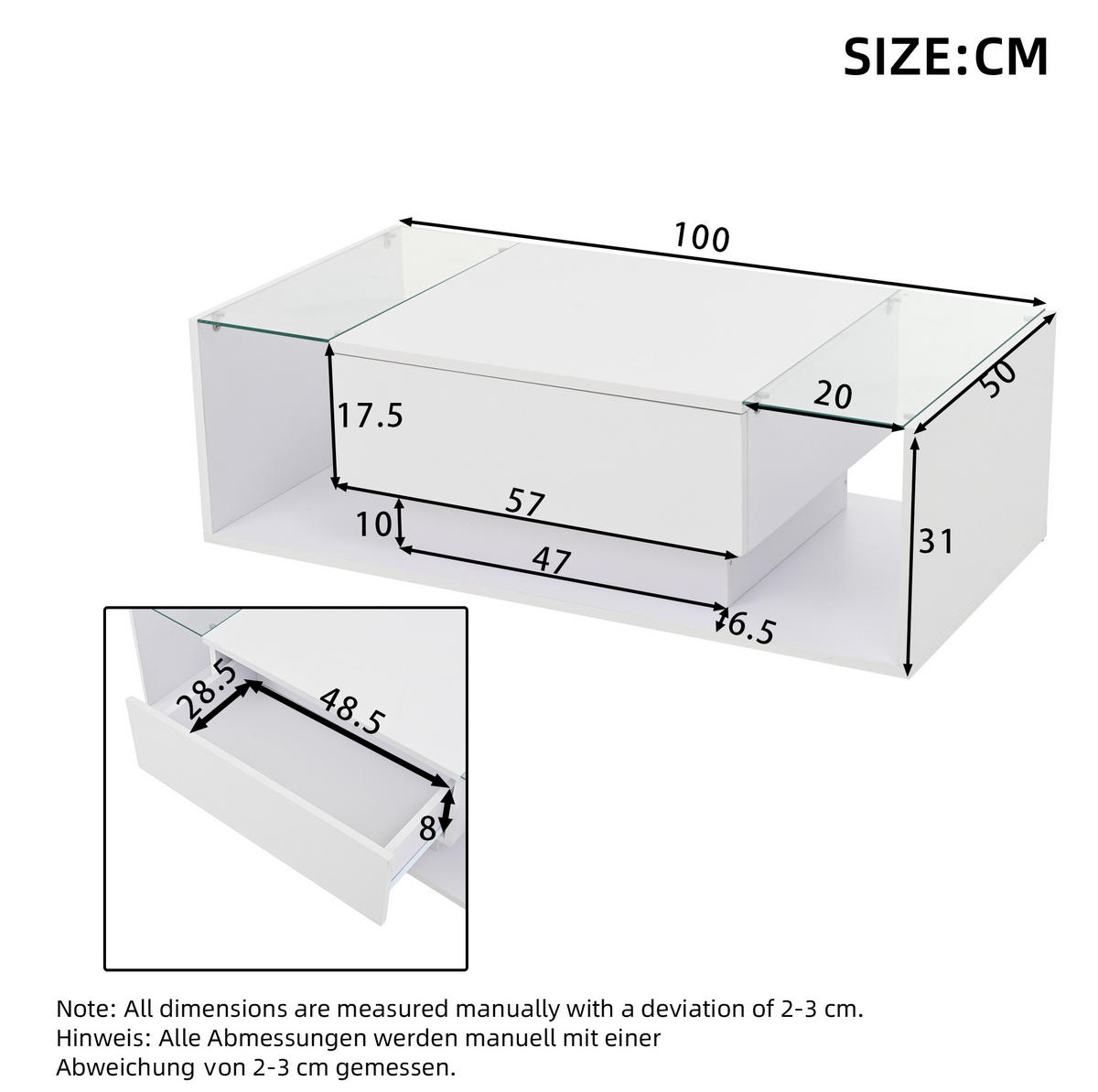 COUCHTISCH aus Spanplatte & Glas 100x50x31 cm in Weiß mit LED & 1 Schublade - Weiß, Holzwerkstoff (100/50/31cm) - Modfu
