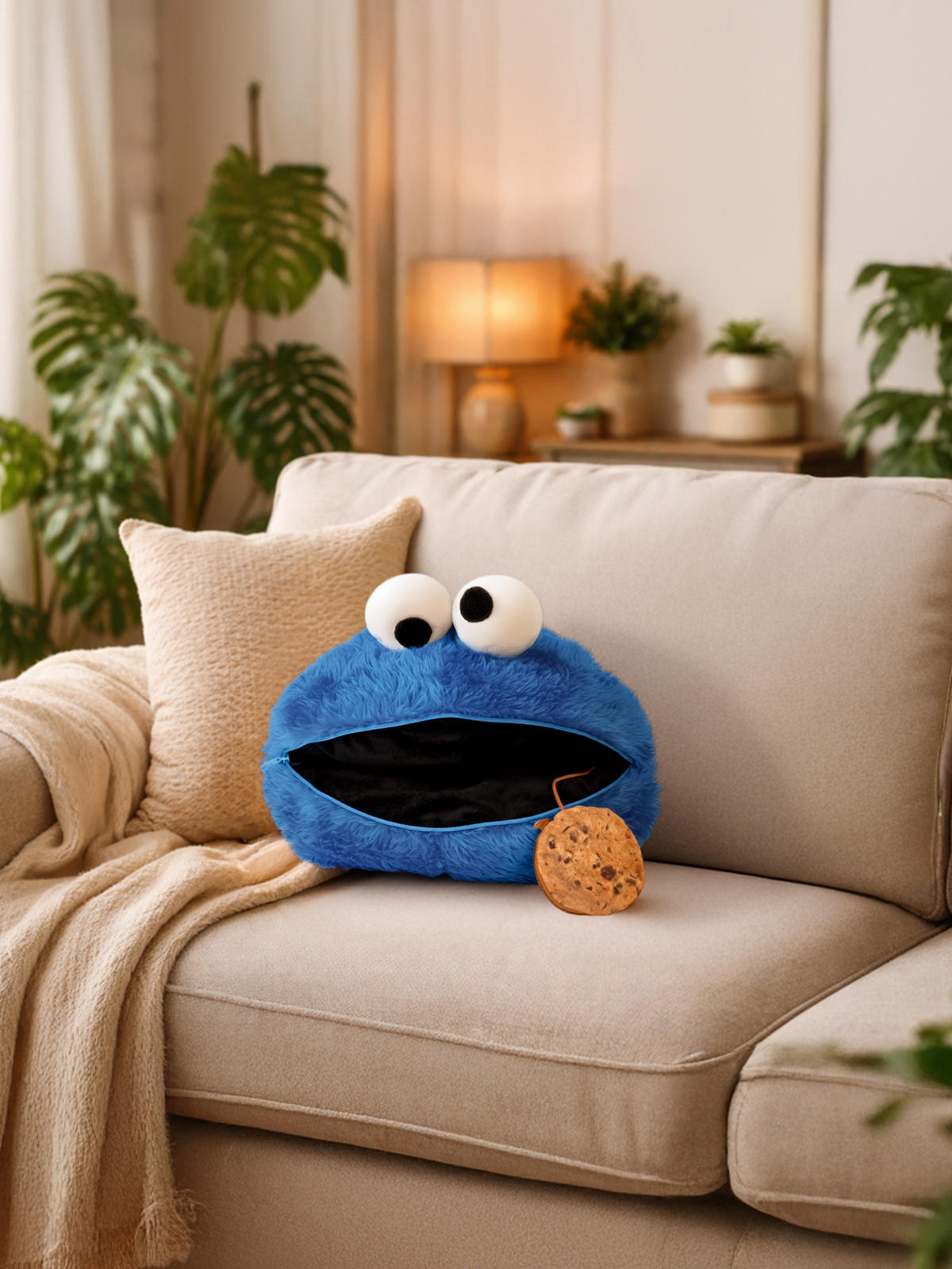 KINDERKISSEN Sesamstraße Krümelmonster mit Reißverschluss und Kekstasche 45 x 32 cm - Multicolor, Textil (45/32cm) - United Labels