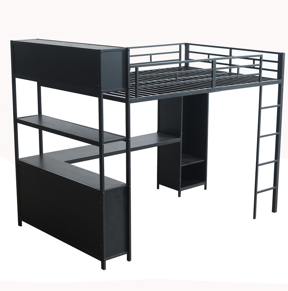 HOCHBETT mit Schreibtisch 140/200 cm in Schwarz – mit Kleiderschrank und Stauraum - Schwarz, Metall (90/200cm) - BEAOK