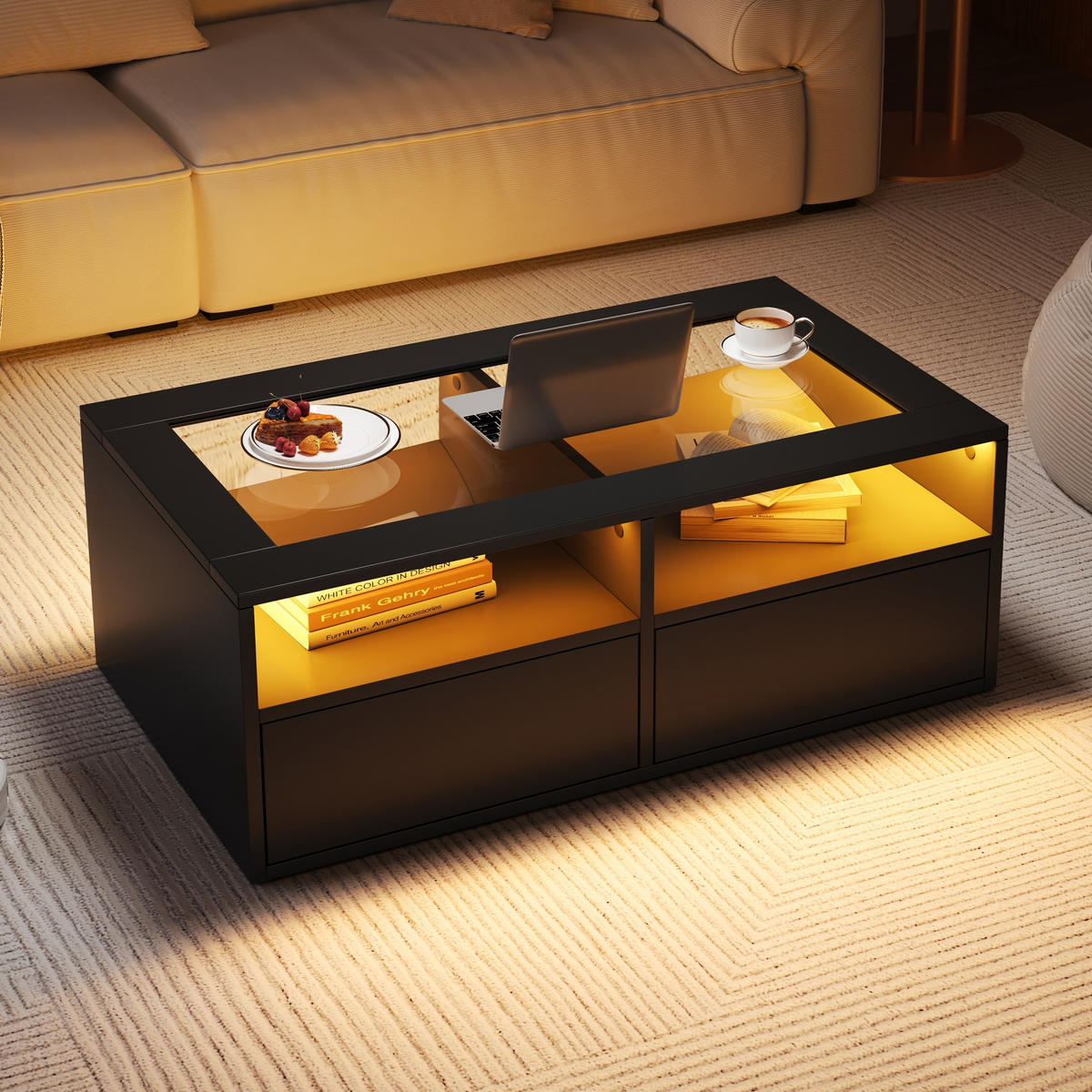 COUCHTISCH Schwarz 100/50/35 cm mit Glasplatte, LED und Schubladen - Schwarz, Glas (50/100/35cm) - PANGIVO