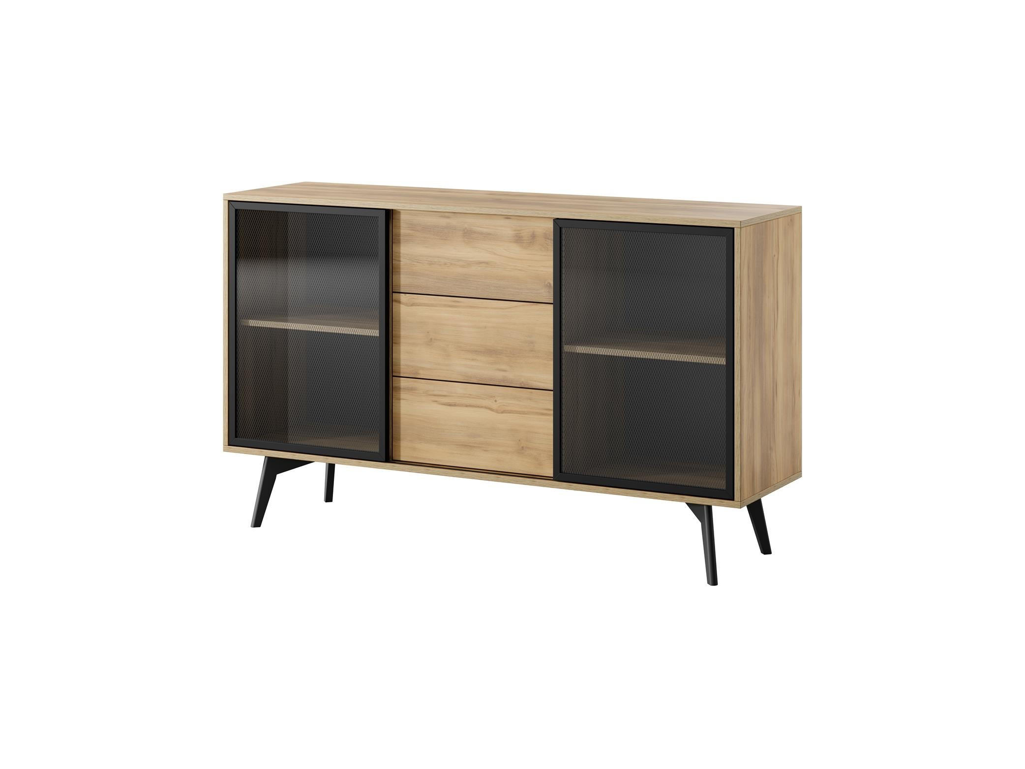 KOMMODE Swift Golden Eiche, zweitürige Kommode mit Schubladen - Schwarz/Braun, Holzwerkstoff (144/85/39cm) - Bettso