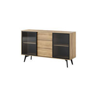 KOMMODE Swift Golden Eiche, zweitürige Kommode mit Schubladen, mit LED - Schwarz/Braun, Holzwerkstoff (144/85/39cm) - Bettso