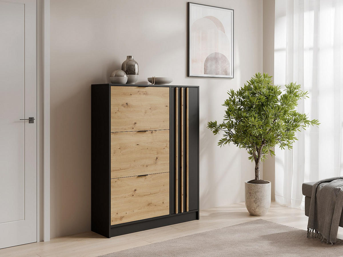 SCHUHSCHRANK - 102 cm x 30 cm - holz - schwarz, naturfarben hell Janakia - Schwarz/Naturfarben, Holz (102/130/30cm) - Vente-Unique