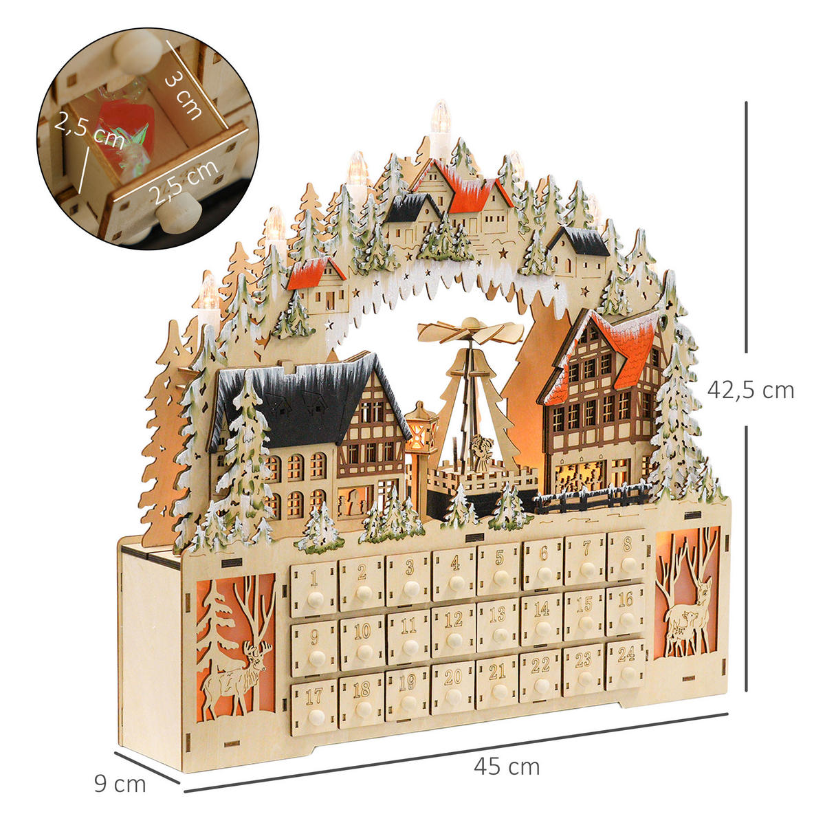 ADVENTSKALENDER Weihnachtskalender 24 Schubladen mit LED-Lichtern MDF Naturholz - Naturfarben, Kunststoff (9/42.5/45cm) - HOMCOM