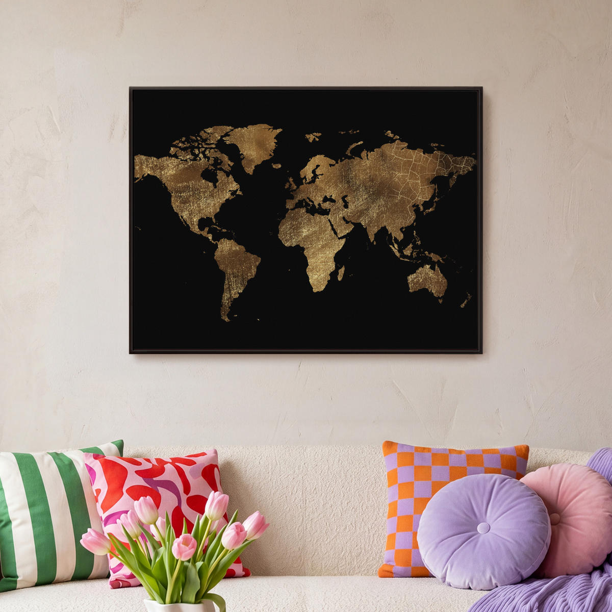 LEINWAND Bilder mit Rahmen - Weltkarte - Gold - Luxus - Erde - Schwarz - 70x50 - Goldfarben, Textil (70/50cm) - MuchoWow