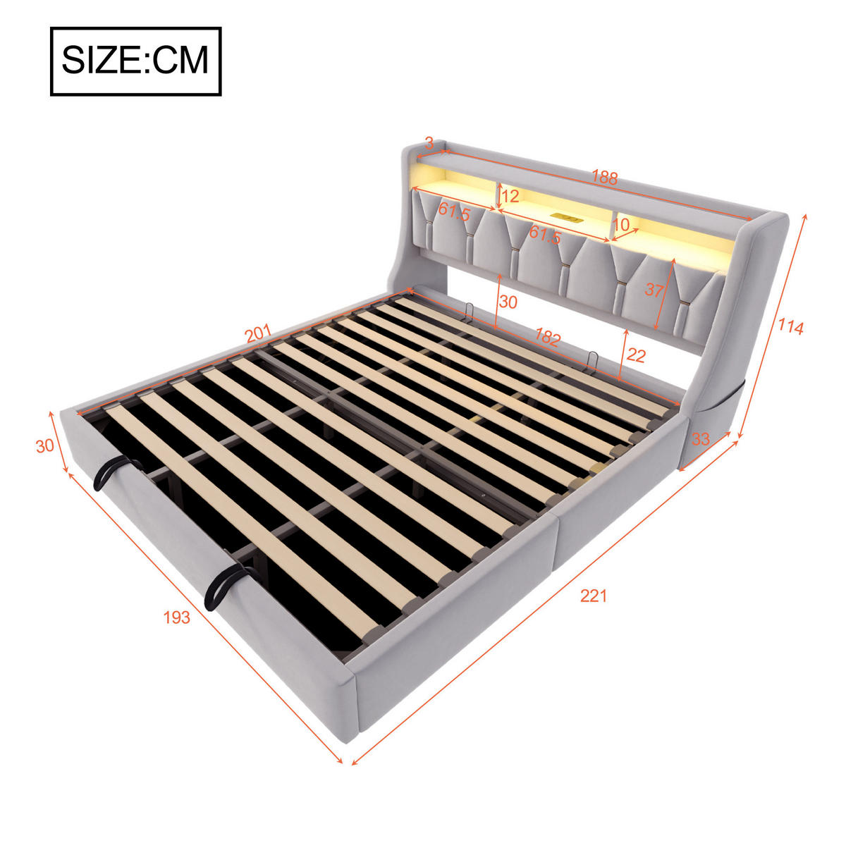 ČALÚNENÁ posteľ 180/200 cm s hydraulickým úložným priestorom, LED osvetlením, zásuvkou, USB-C a zamatovým poťahom, Svetlosivá - svetlosivá, textil (180/200cm) - Redom