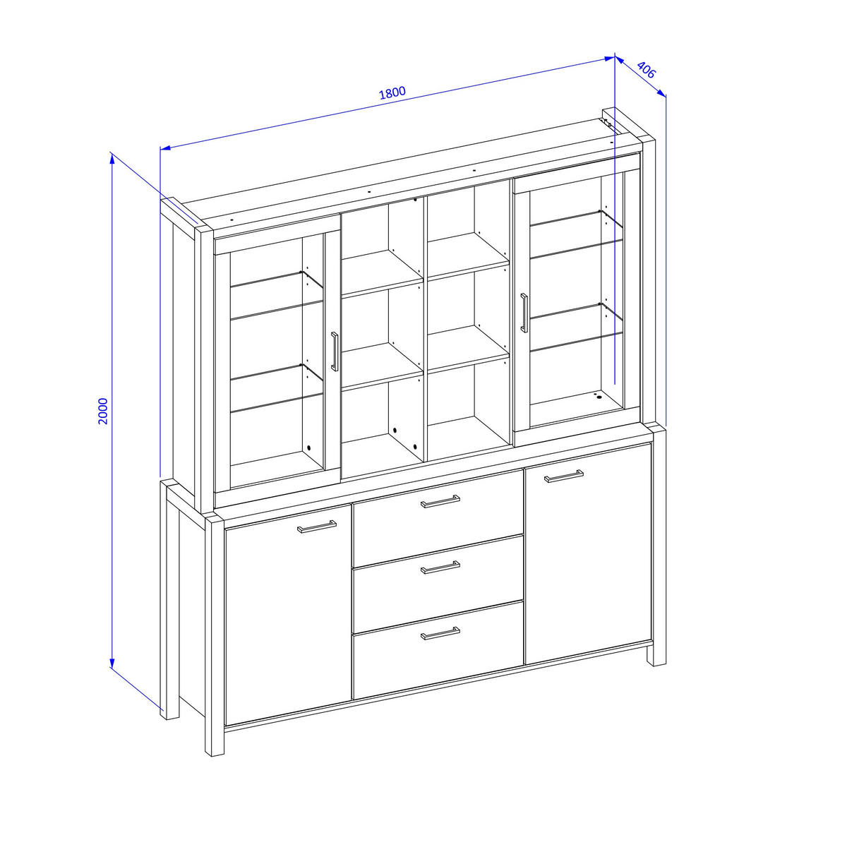 SIDEBOARD ATTIVO 180x40,6x200 cm mit 3 Schubladen und 4 Türen Eichefarben - Braun, Holzwerkstoff (180/200/40.6cm) - MASSENO