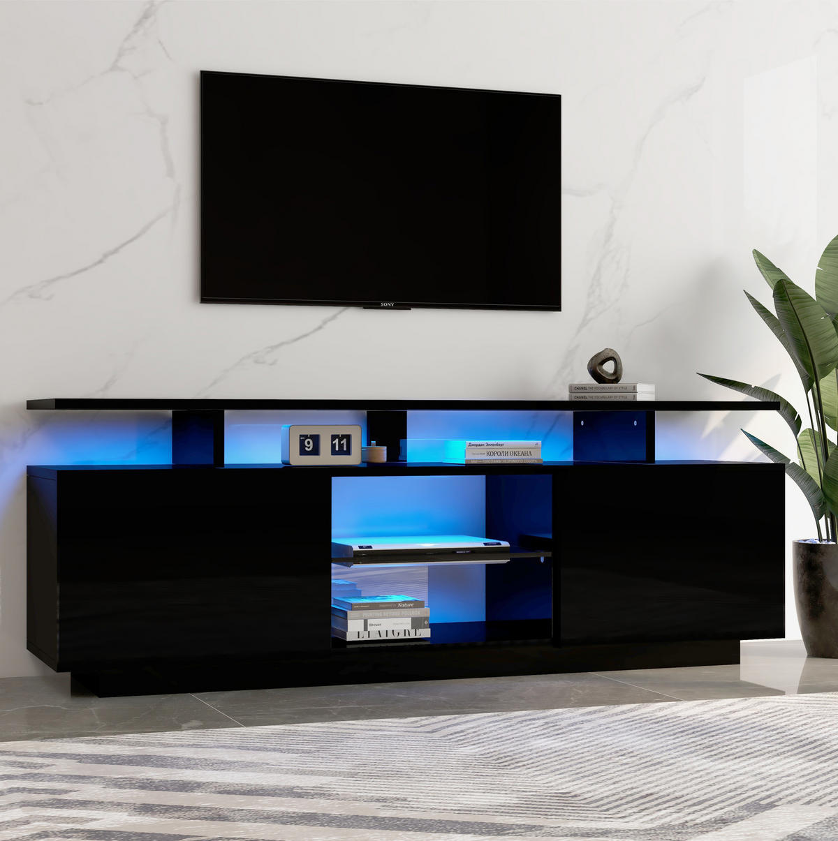 TV-SCHRANK mit LED-Beleuchtung 140 cm Schwarz Hochglanz - Schwarz, Holzwerkstoff (35/55/140cm) - Beauniv