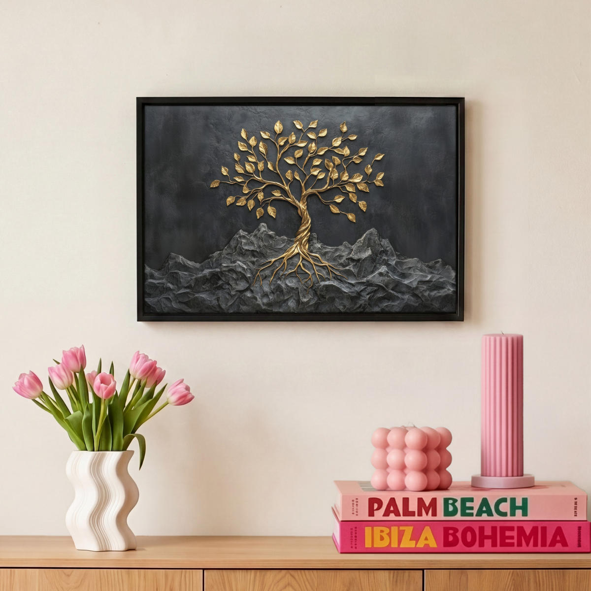LEINWAND Bilder mit Rahmen - Blätter - Gold - Baum - Fels - 30x20 - Schwarz, Textil (30/20cm) - MuchoWow