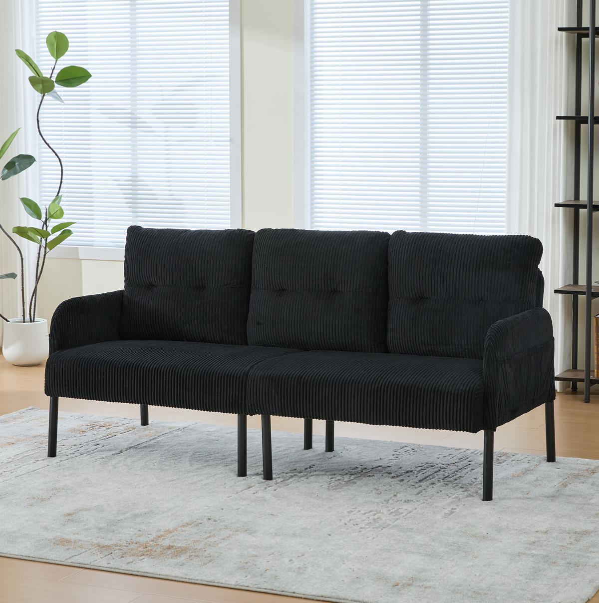 SOFA 3-Sitzer mit Seitentasche Cord Schwarz - Schwarz, Kunststoff (171/80/72cm) - Meubliv