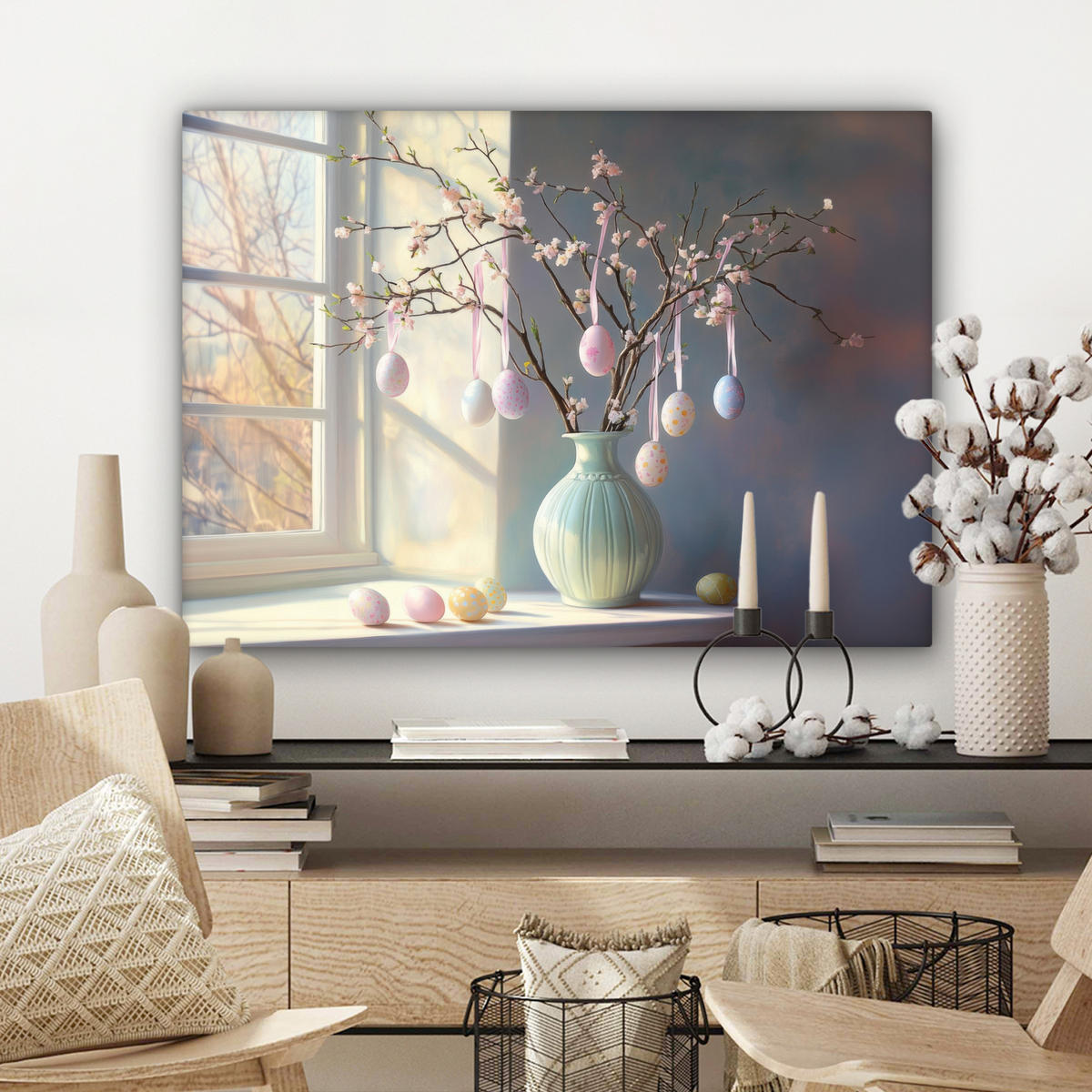 LEINWANDBILD Stillleben - Vase - Osterzweig Wandbilder 80x60 cm - Hellblau, Textil (80/60cm) - MuchoWow