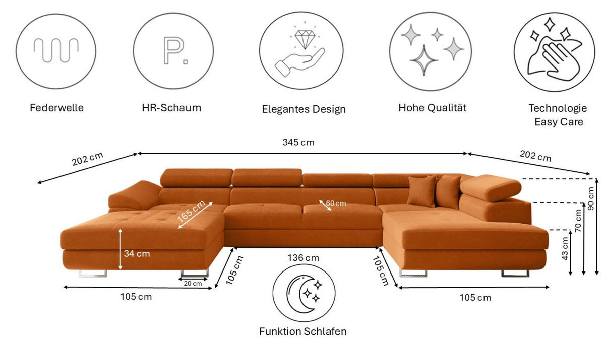 ECKSOFA Falio II U-förmiges Mit Schlaffunktion Und Verstellbaren Kopfstützen Orange Rechts - Orange, Holz/Textil (345/202cm) - Kaiser Möbel