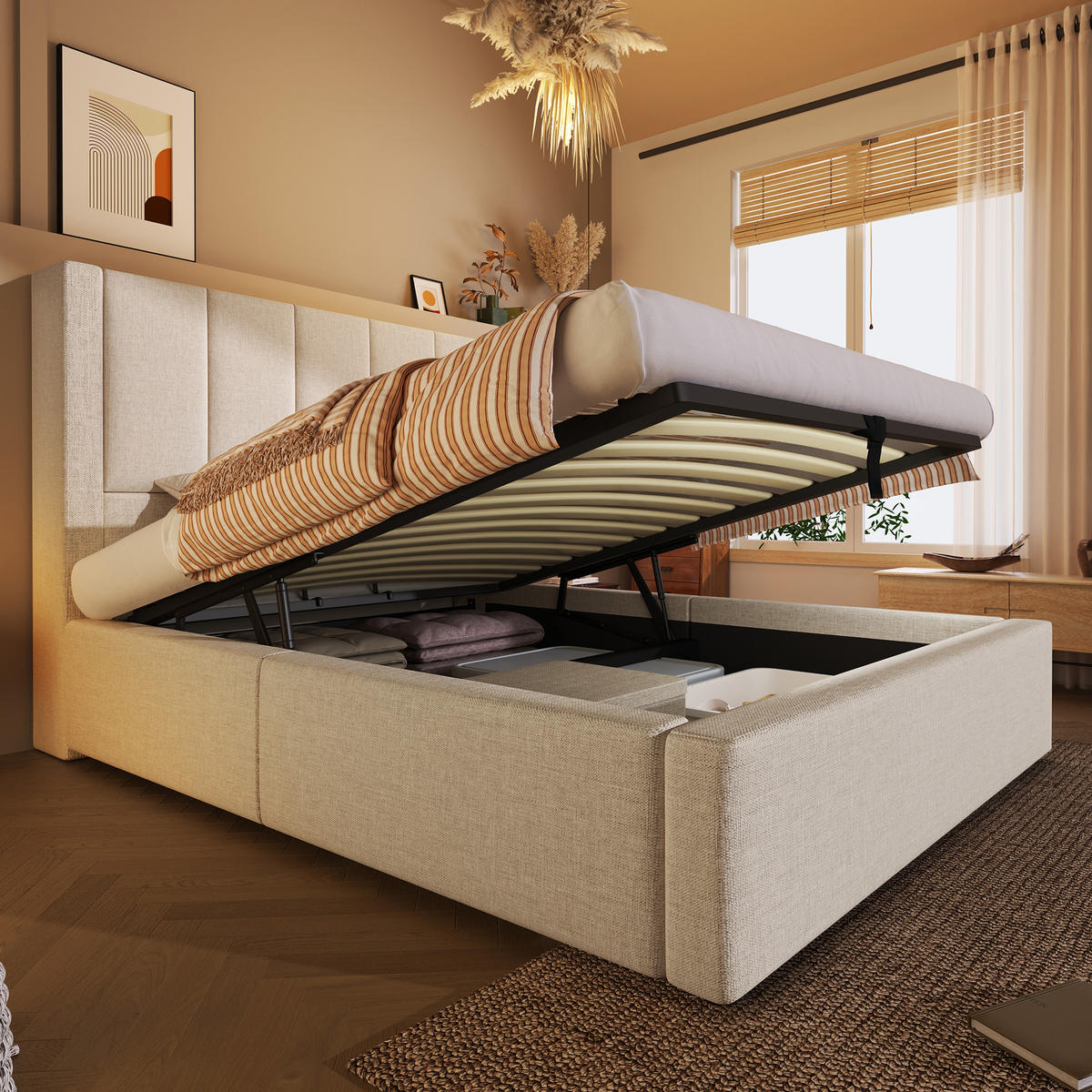 POLSTERBETT 90/200 cm Beige mit Stauraum und integrierter Ladestation mit Matratze aus Leinen - Beige, Textil (90/200cm) - OKWISH