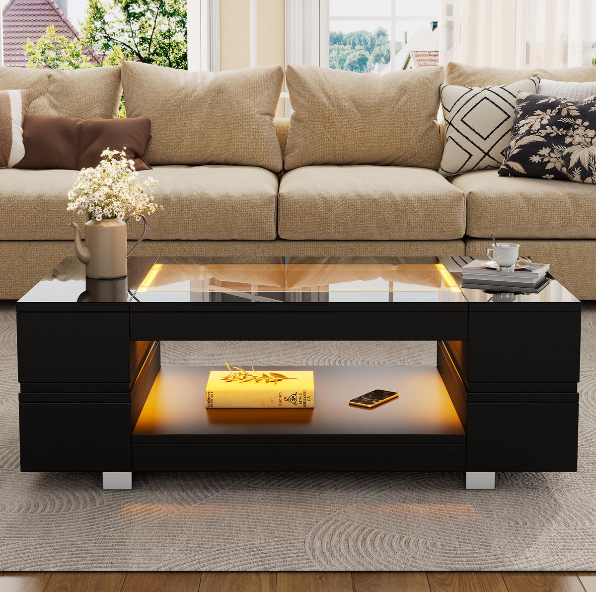 COUCHTISCH 100/50/35 cm schwarz mit LED-Beleuchtung - Schwarz, Holzwerkstoff (100/50/35cm) - OKWISH
