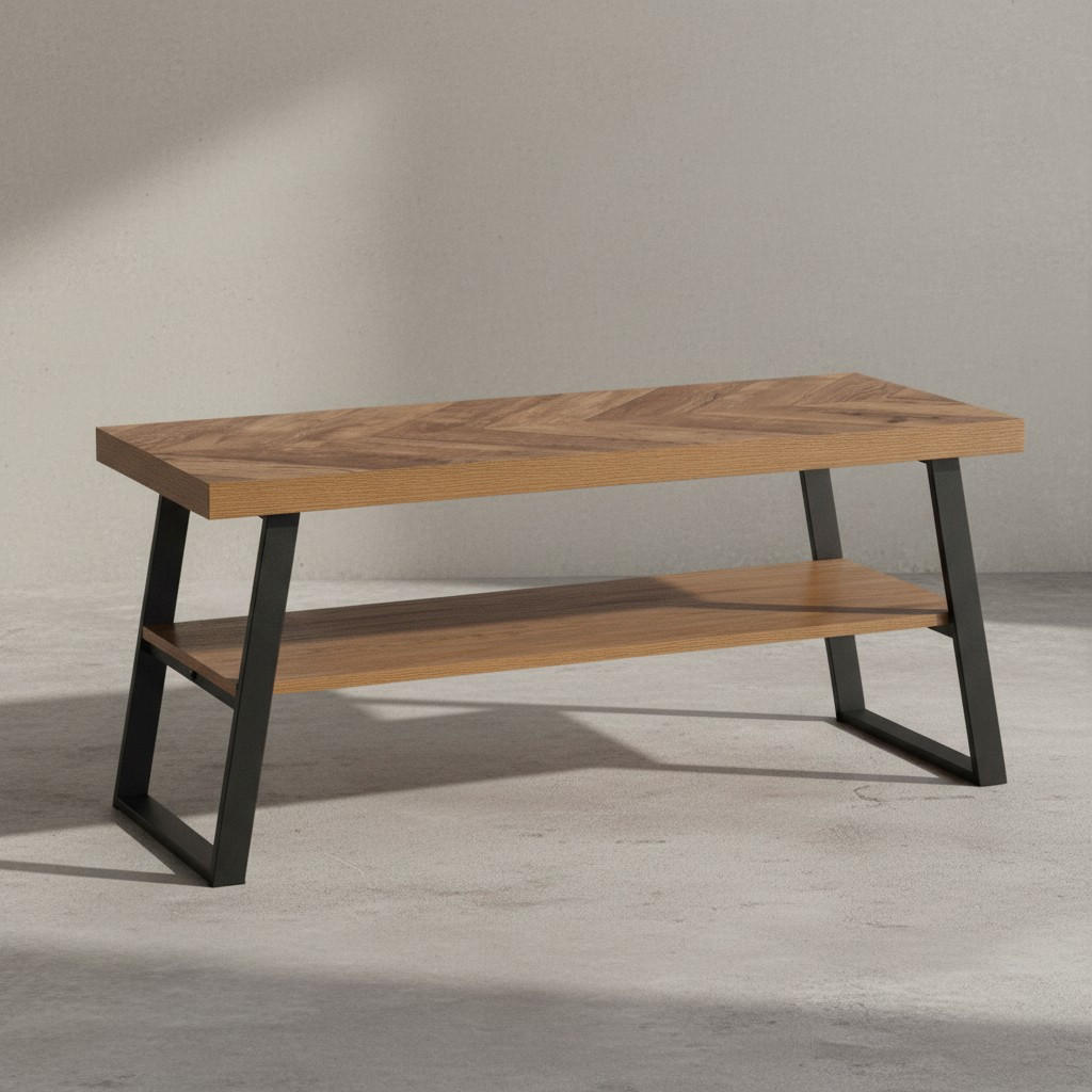 COUCHTISCH Braun Fischgrät-Muster 100x40x41cm mit Ablage und Metallgestell - Schwarz/Braun, Holz/Metall (40/100/41cm) - KADIMA DESIGN