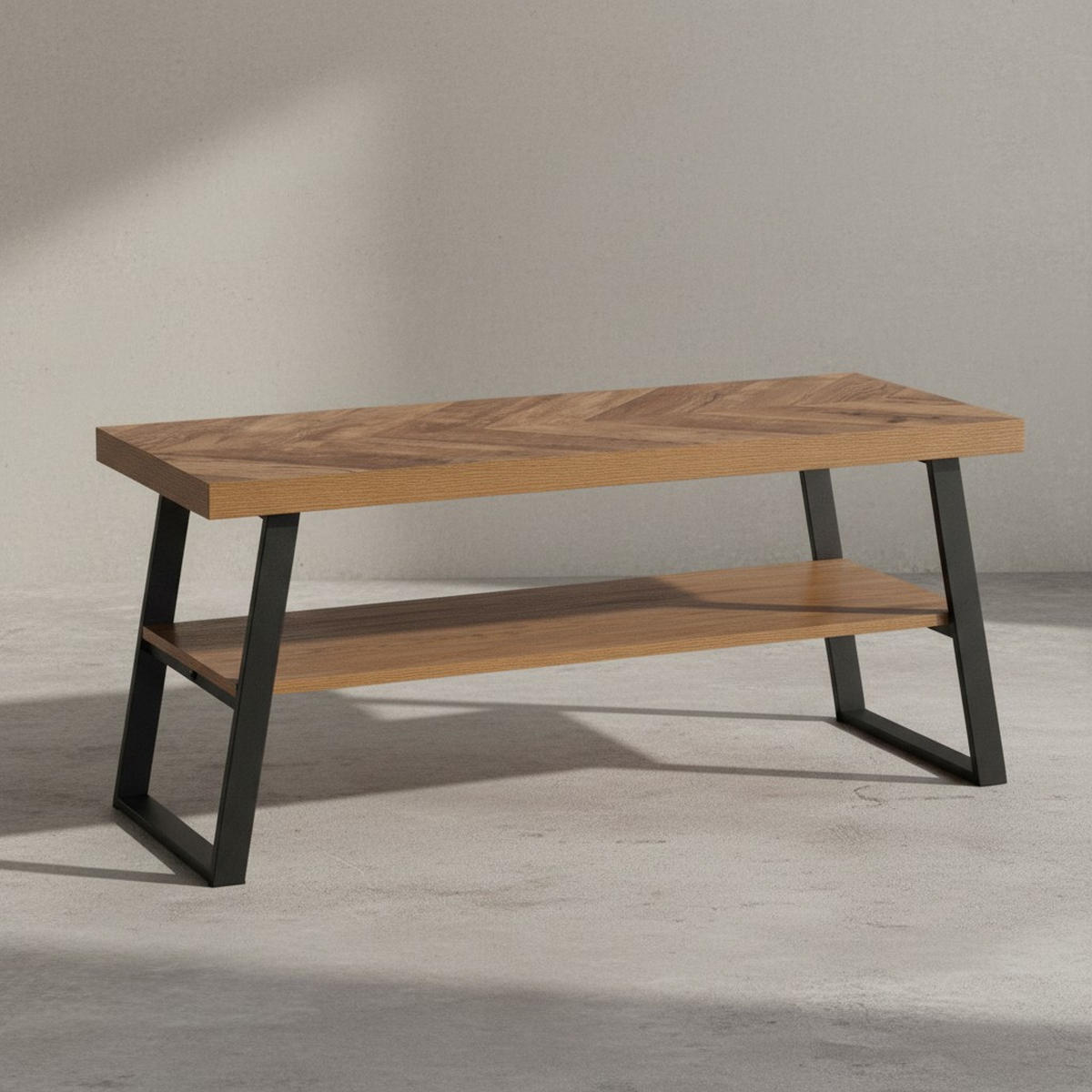 COUCHTISCH Braun Fischgrät-Muster 100x40x41cm mit Ablage und Metallgestell - Schwarz/Braun, Holz/Metall (40/100/41cm) - KADIMA DESIGN