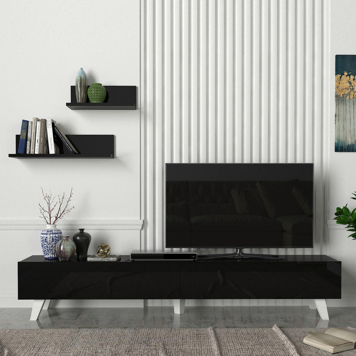 LOWBOARD Saarijärvi mit 2 Wandregalen - Schwarz, Holzwerkstoff (180/33/31cm) - [en.casa]