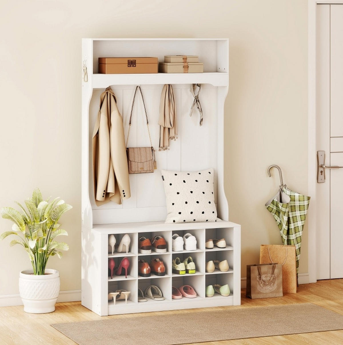 GARDEROBE 100/35/172,2 cm aus Holzwerkstoff mit Sitzbank und 12 Schuhfächern Weiß - Weiß, Holzwerkstoff (100/172.2/35cm) - Modenvie