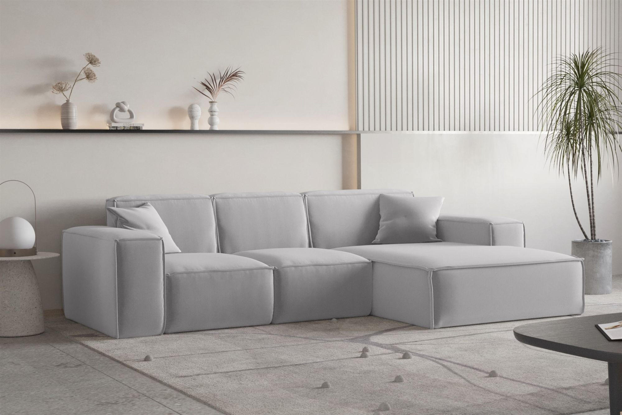 ECKSOFA Ottom Celes Premium Opera Velvet - Hellgrau, Holzwerkstoff/Textil (266/165cm) - Fun Möbel