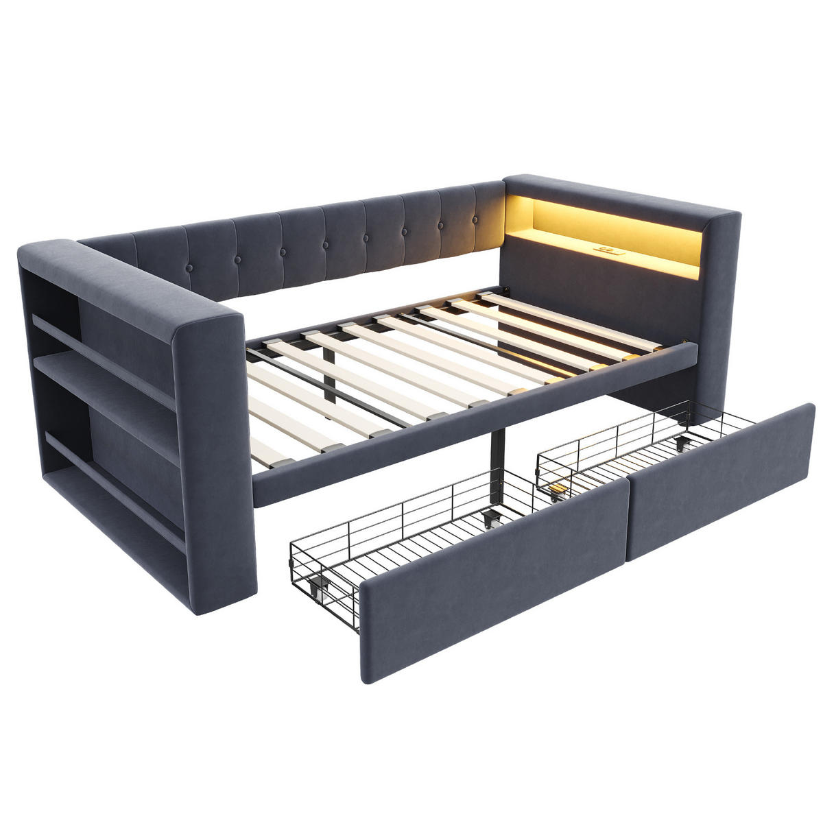 POLSTERBETT aus Flanellstoff 90x190 cm Dunkelgrau mit LED-Beleuchtung, Steckdose und 2 Schubladen - Dunkelgrau, Textil (90/190cm) - Modfu