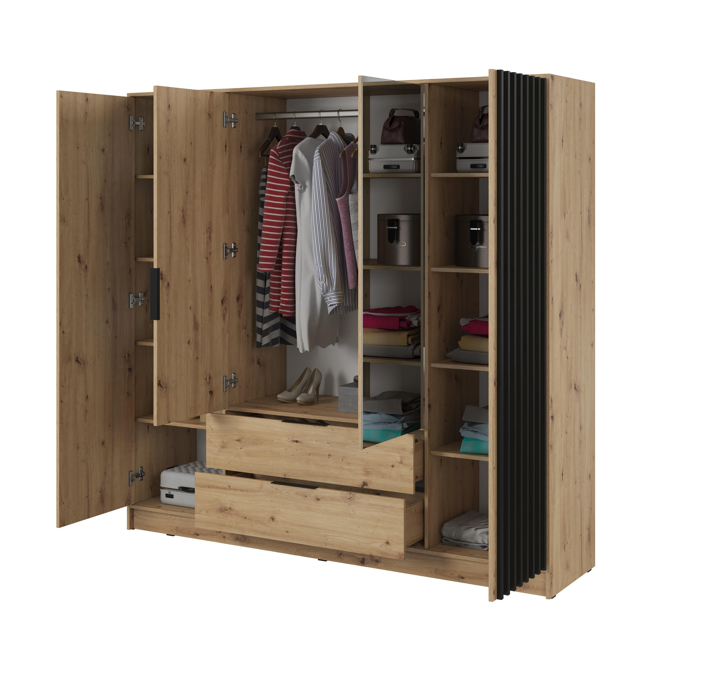 DREHTÜRENSCHRANK - John 4D ohne Spiegel Artisan + schwarz - Eiche Artisan, Holzwerkstoff/Metall (206/200/51cm) - Möblo
