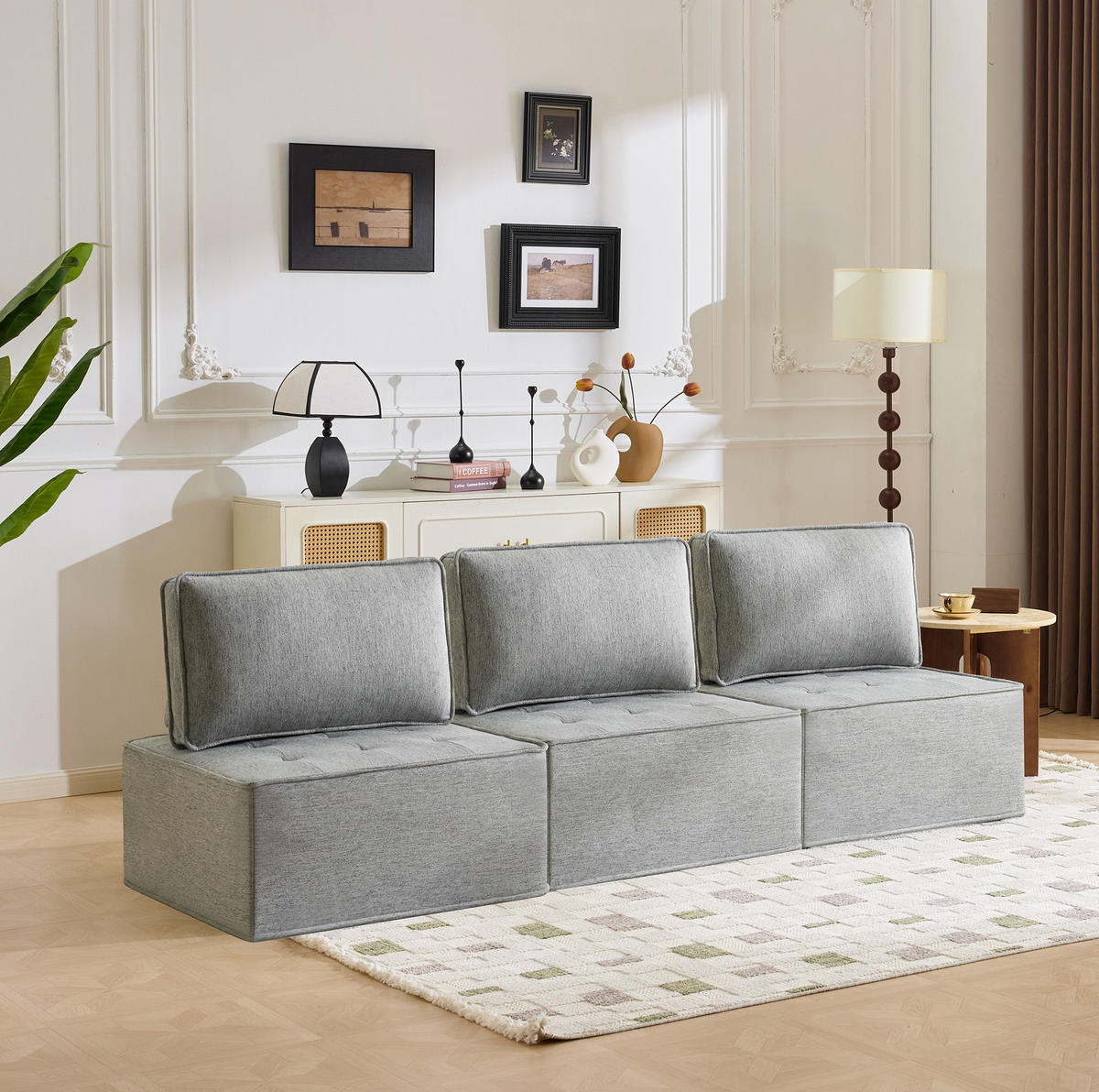 SOFA in Hellgrau aus Leinenstoff, flexibel kombinierbar - Hellgrau, Holzwerkstoff (81/81/81cm) - Flora Grace