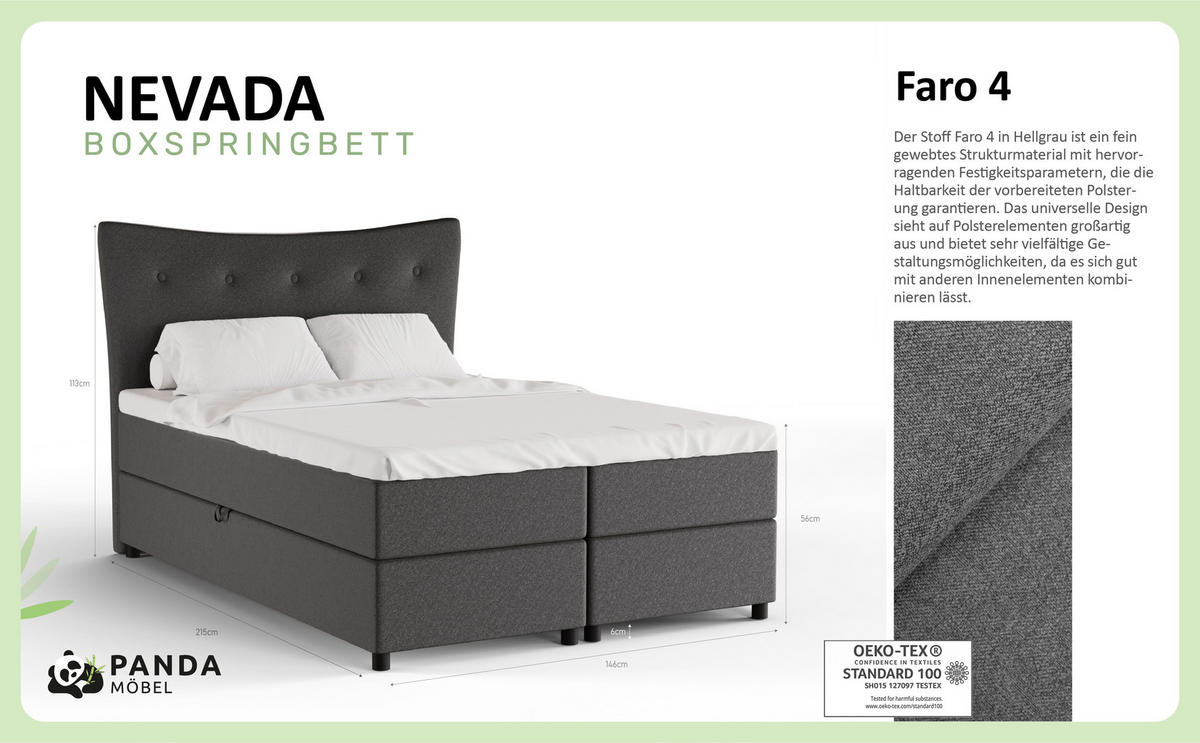 BOXBETT Nevada 140 x 200 cm Doppelbett mit hochwertiger Bonell-Matratze und Topper - Dunkelgrau - Dunkelgrau, Holz (140/200cm) - Panda Möbel