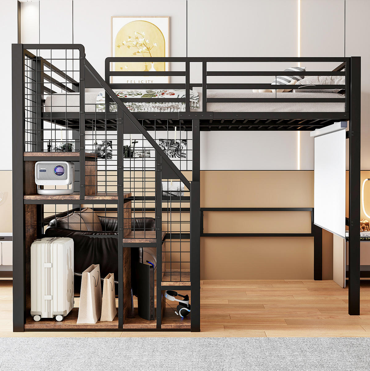 VYSOKÁ posteľ 140/200 cm čierna z kovu a MDF s úložným priestorom a bezpečnostným schodiskom - čierna, kompozitné drevo (140/200cm) - OKWISH