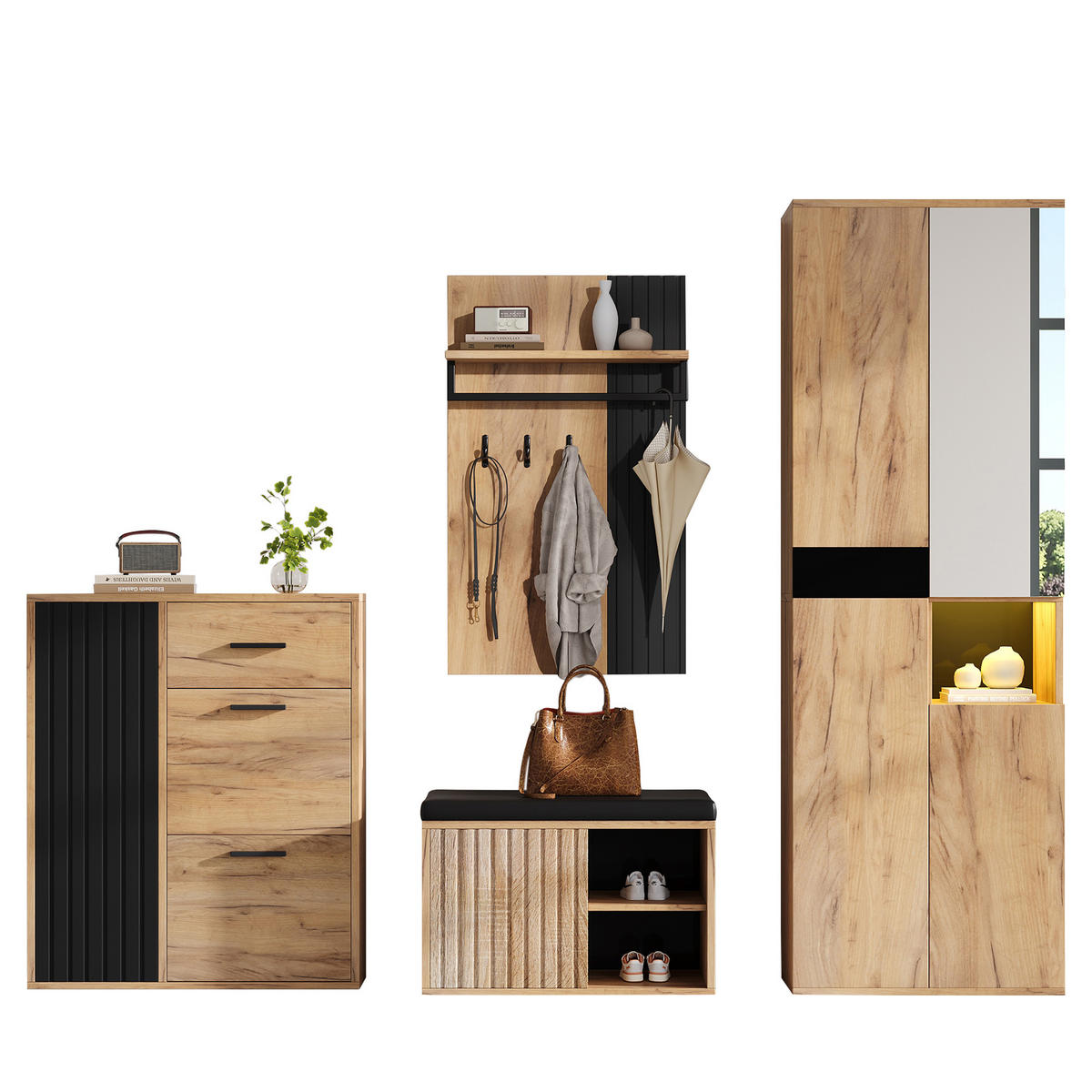 GARDEROBENSET 4-tlg Wand Natur Schwarz 215x36x190cm - Multicolor, Holzwerkstoff (36/190/215cm) - FLIEKS