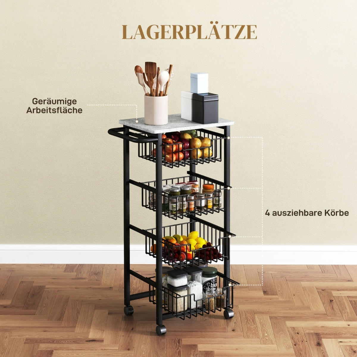 KÜCHENWAGEN Rollwagen 49,5x31x91cm Hellgrau mit 4 Körben & MDF-Platte - Hellgrau, Holz (49.5/91/31cm) - Modfu