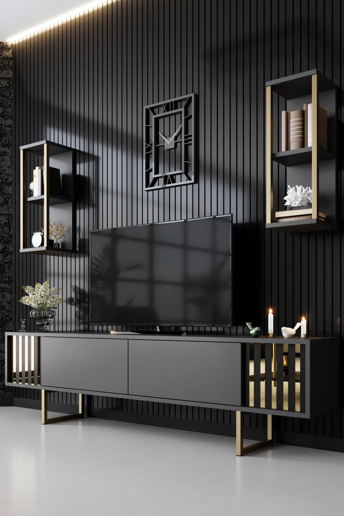 TV-MÖBEL Gold Line Anthrazit-Schwarz - Anthrazit/Schwarz, Holz (180/48/30cm) - Habitat Garten