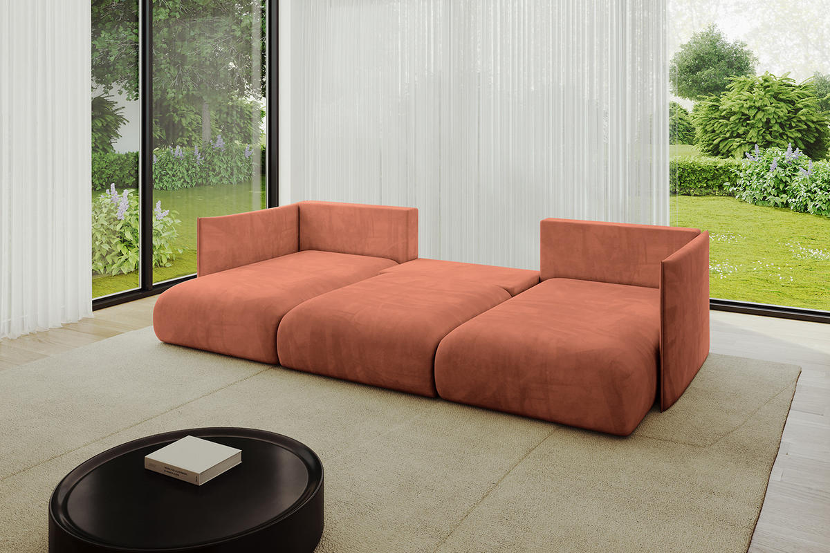 WOHNLANDSCHAFT mit Schlaffunktion und Bettkasten ONESK-U 304x165x40 Apricot Velours - Koralle, Holzwerkstoff/Kunststoff (304/90/165cm) - ALTDECOR